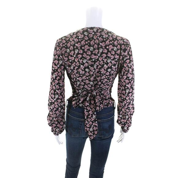 Intermix Womens Long Sleeve V Neck Floral Silk Top Black Pink Size Petite - Picture 3 of 6